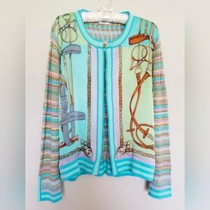 Weill Women's Zig Zag Knit Cardigan Silk Front Panels w/ Equestrian Print Sz 14